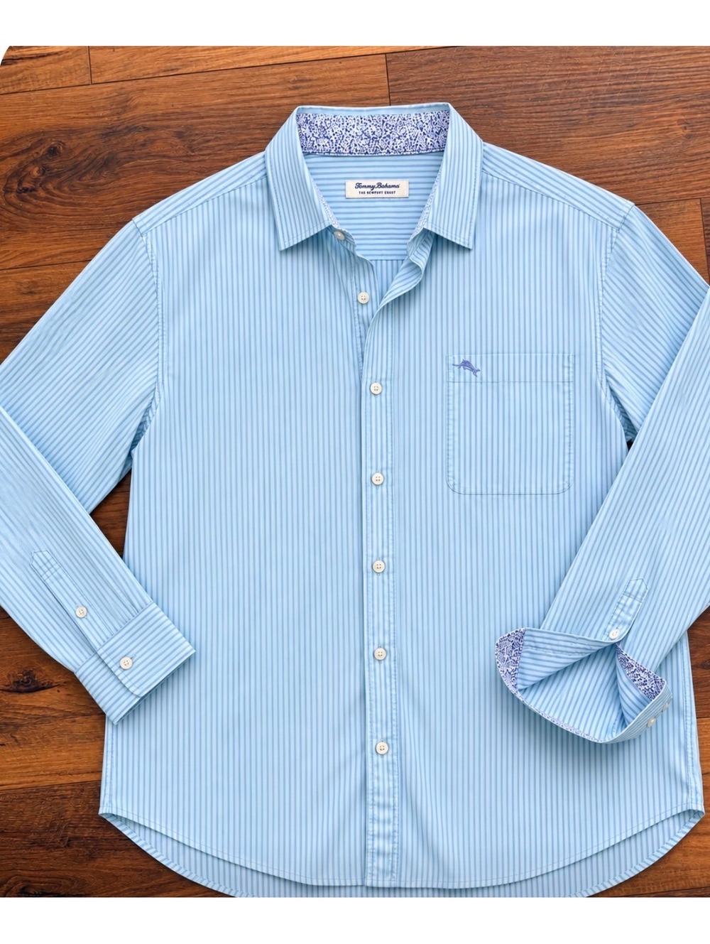 Tommy Bahama Newport Coast Men’s Blue Stripe Button Down Shirt Floral Trim XL
